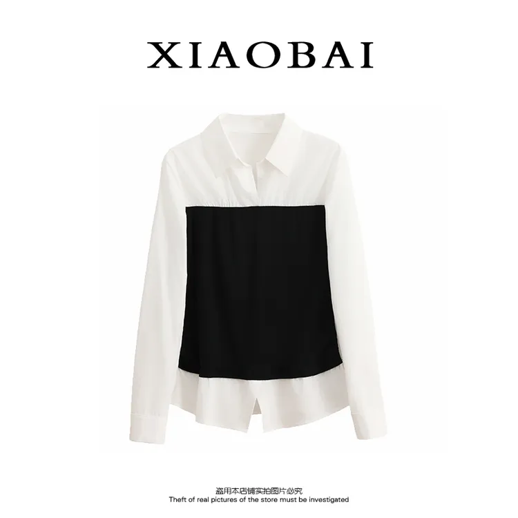 XIAOBAIpolo领衬衫女秋季修身显瘦黑白撞色上衣时尚长袖衬衣