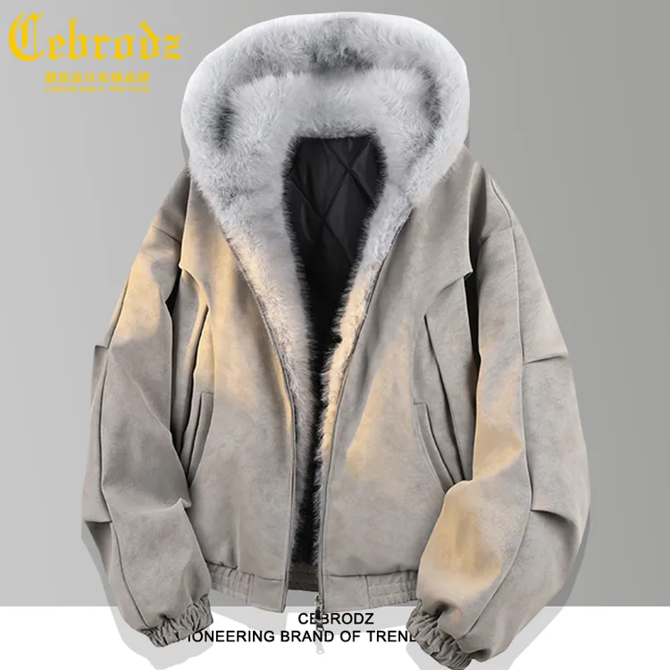 法国Cebrodz男士连帽加绒麂皮夹克座山雕外套中年商务保暖上衣潮