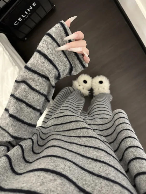 少女甜美简约条纹大码睡衣女秋冬新款宽松保暖加厚长袖长裤家居服