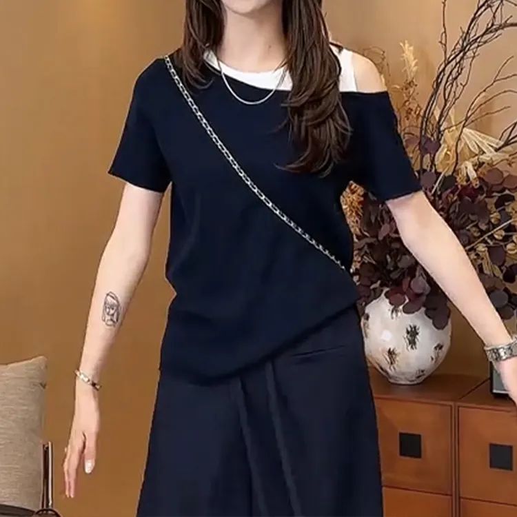 时尚减龄拼接撞色圆领针织T恤女夏季新款胖mm显瘦百搭露肩上衣女