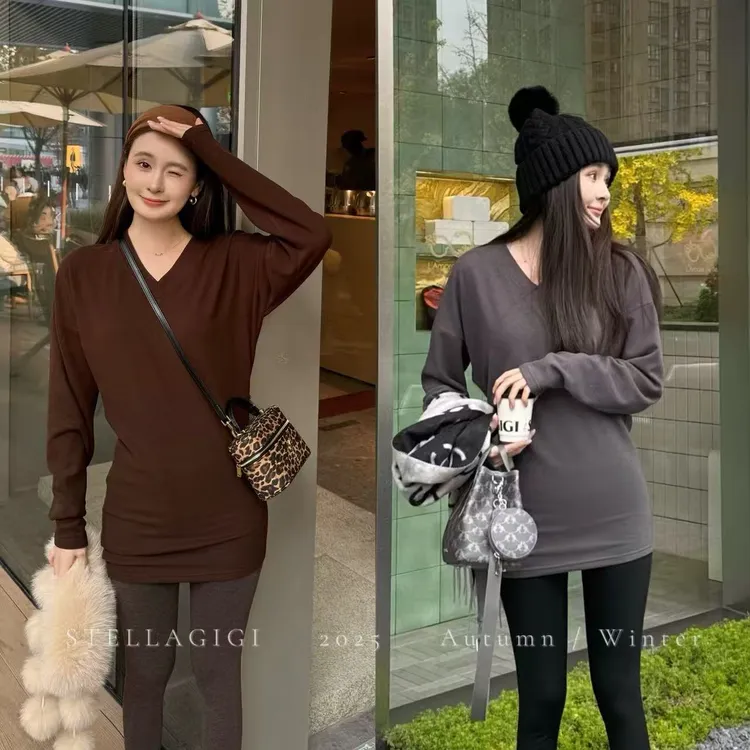 SG / 郭幂幂 AW 回归首播 双面磨毛V领中长款长袖裙T-20252490