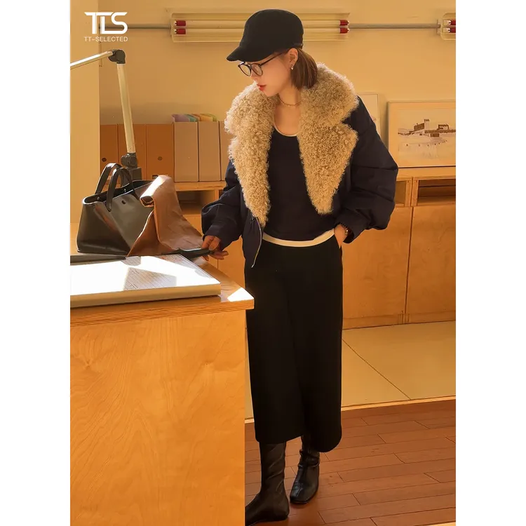 TT【大毛领】西班牙进口小托卡卷毛皮毛一体内里90白鹅绒外套Y5039