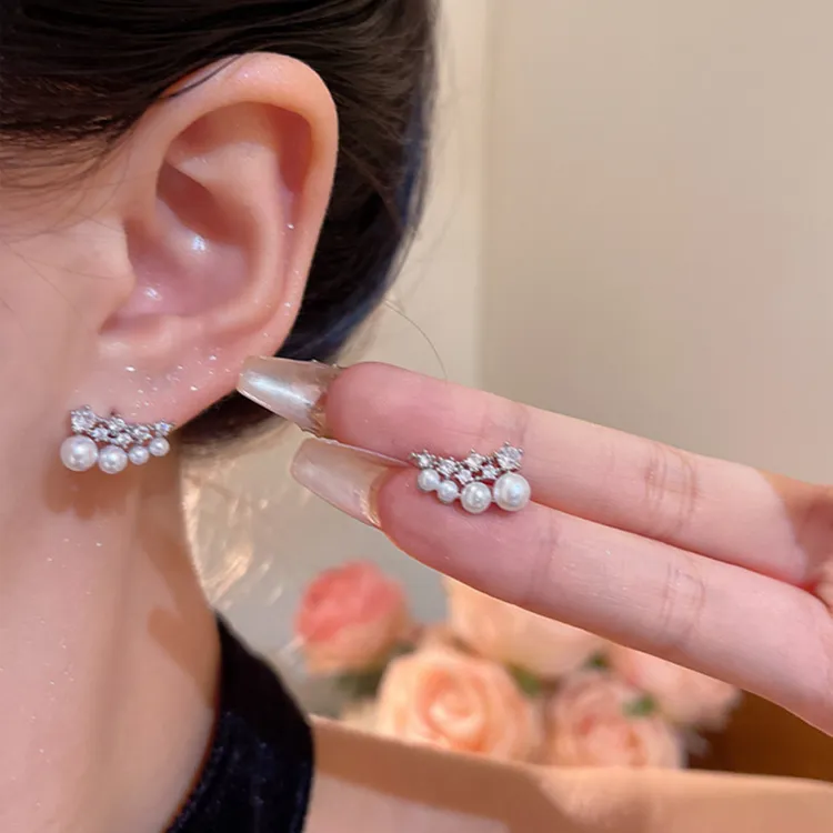 铜合金仿珍珠耳饰 夏日闪锆微笑曼塔玫瑰珠珠耳环女气质耳饰