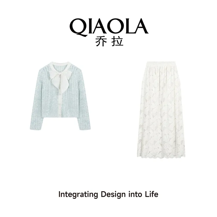 QIAOLA/乔拉【雪域之舞】秋冬季北极绒蝴蝶结蕾丝减龄时尚套装预售