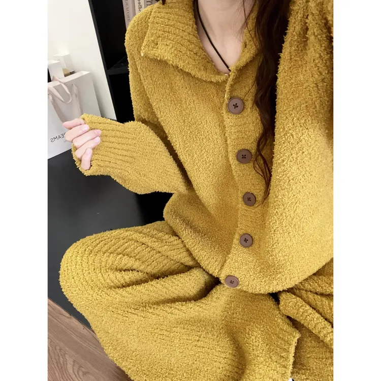 韩系简约纯色半边绒睡衣女冬款新款大码加厚保暖家居服套装可外穿