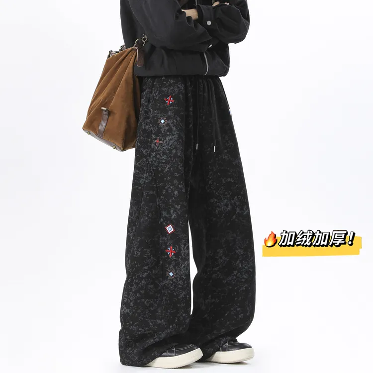 民族风刺绣加绒弯刀卫裤男女冬季新款宽松直筒美式运动休闲长裤子