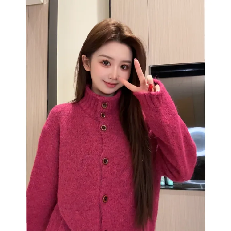 Q秋冬新款单排扣黄色针织毛衣外套甜美温柔风半高领减龄上衣开衫