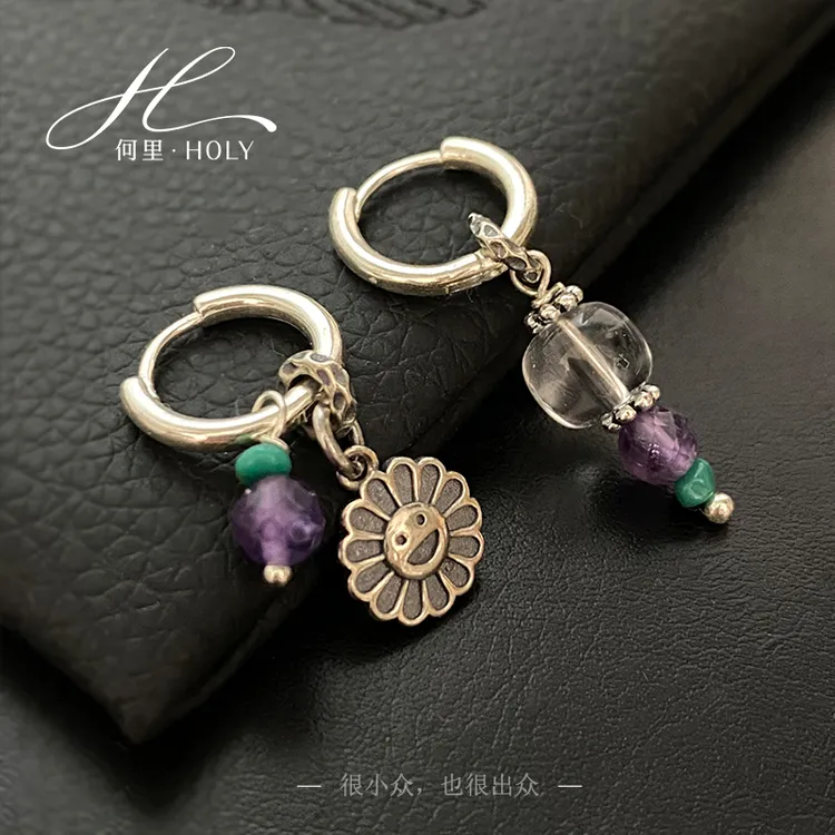 【如花】原创设计小众复古925纯银不对称笑脸太阳花个性水晶耳饰