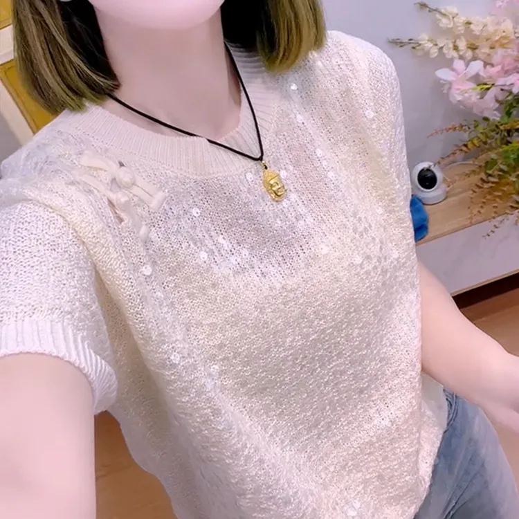 小众别致高级感亮片冰丝针织衫T恤2025夏季时髦洋气百搭短袖上衣
