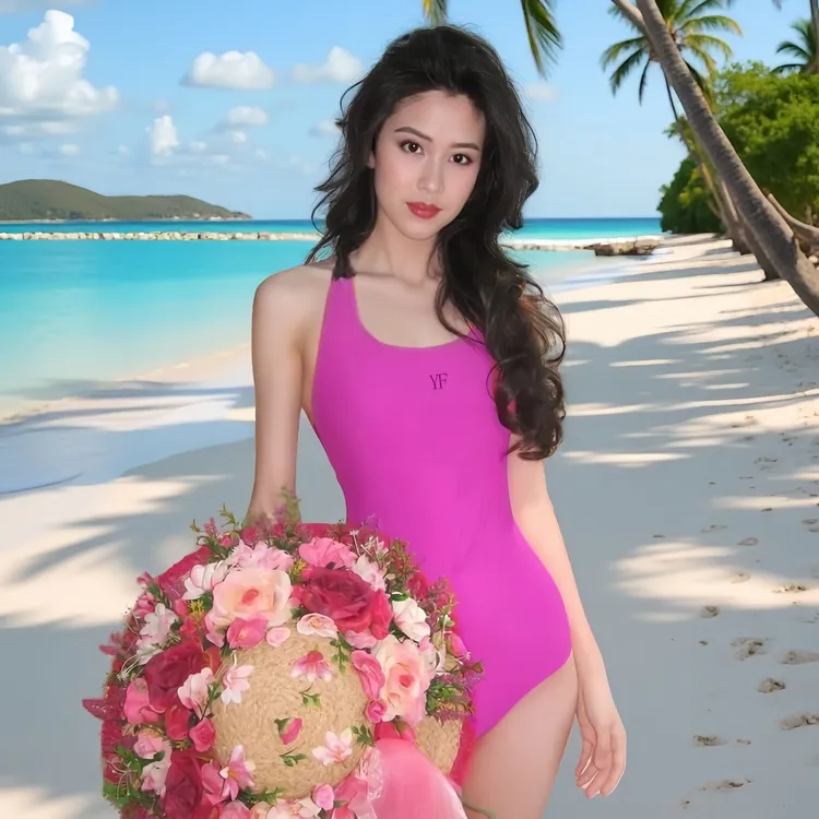 火龙果色范家同款女士黑红配色固定胸垫游泳速干连体三角泳衣