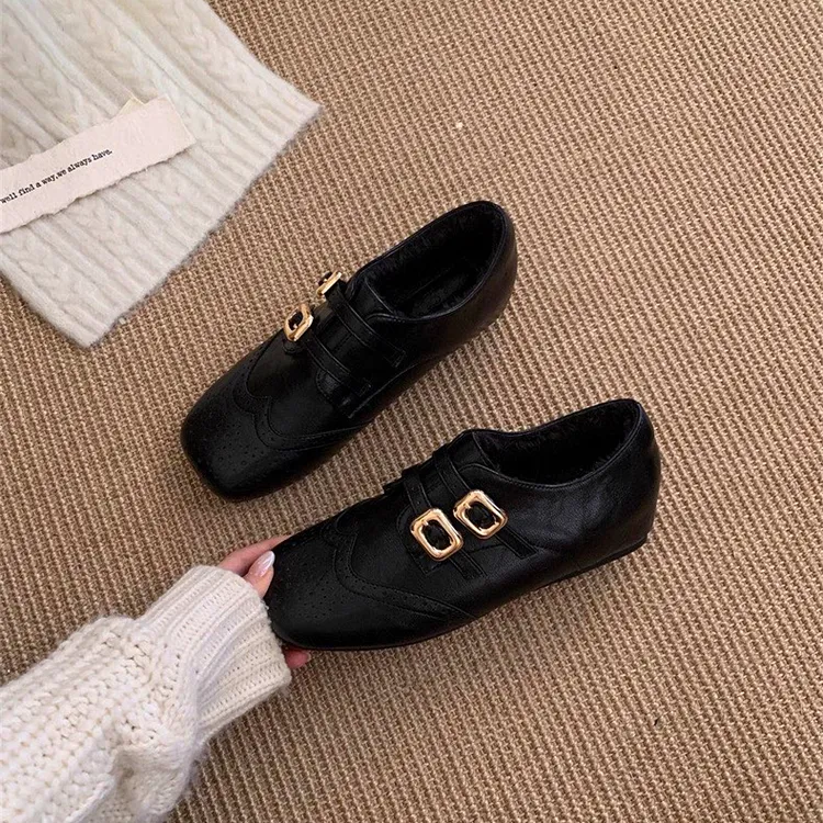 内增高复古方头加绒单鞋女厚底乐福鞋秋冬季布洛克英伦风小皮鞋女