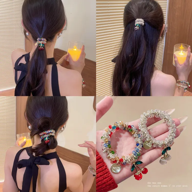 【两用设计】彩色晶晶发圈两用樱桃清新女扎马尾丸子头绳手串发绳