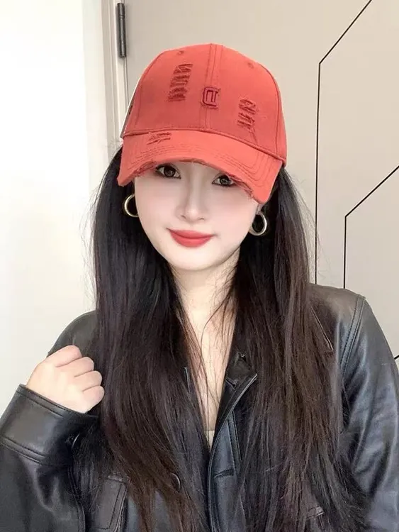 加大加宽破洞硬顶棒球帽子女新款韩版百搭显脸小鸭舌帽四季款潮