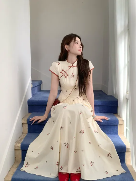 EIA一尧【花楹】新中式气质少女刺绣连衣裙国风显瘦夏纯棉日常旗袍