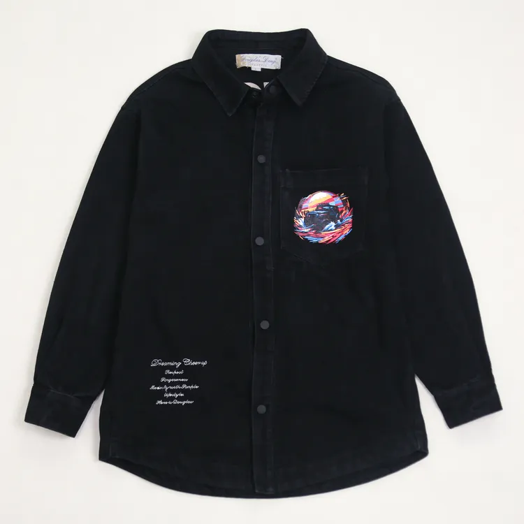 【道格拉斯】黑色牛仔布吉普车印花水洗休闲宽松大码衬衣外套DD906