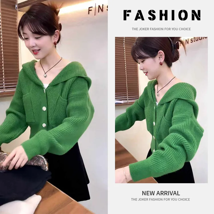 早春一整套女装2025新款韩版绿翻领针织毛衣开衫a字短裙两件套潮