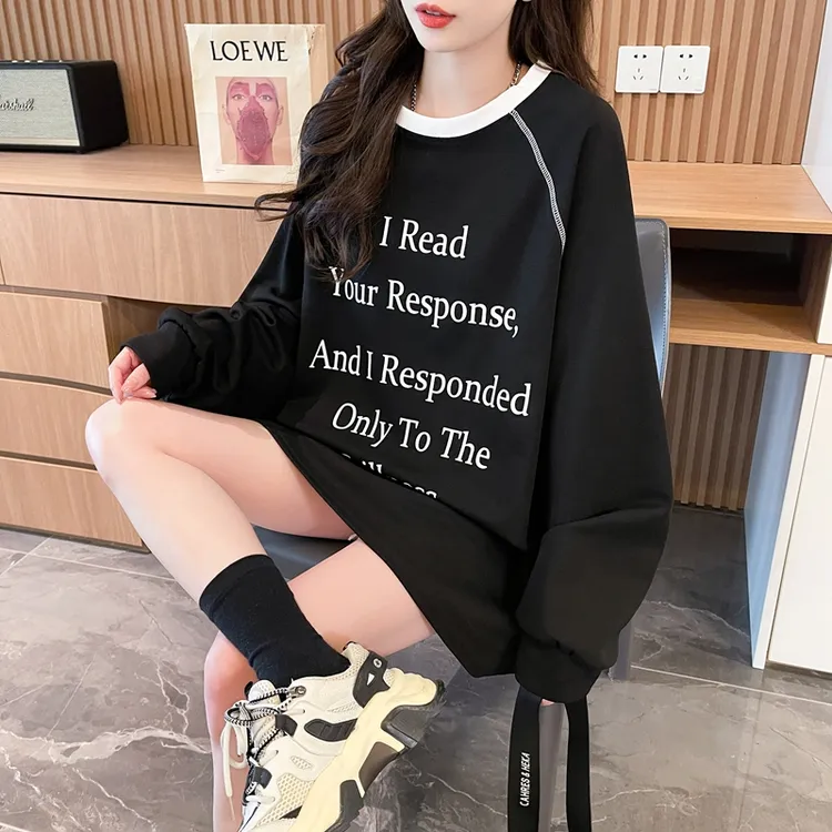 小众撞色纯棉薄款卫衣女秋季爆款oversize宽松中长款洋气百搭上衣