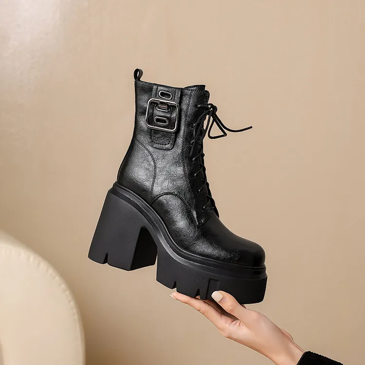 内增高12cm马丁靴女粗跟鞋厚底秋冬季超高跟坡跟小个子小码短靴女