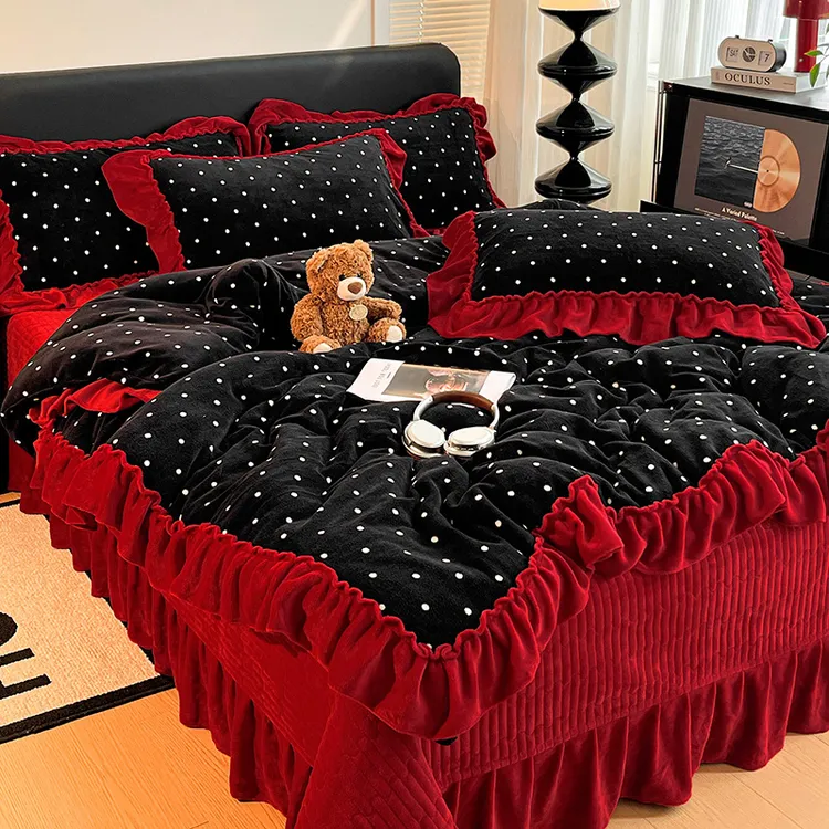 复古风牛奶绒床盖款四件套冬季加厚保暖复古红被套夹棉床单床裙