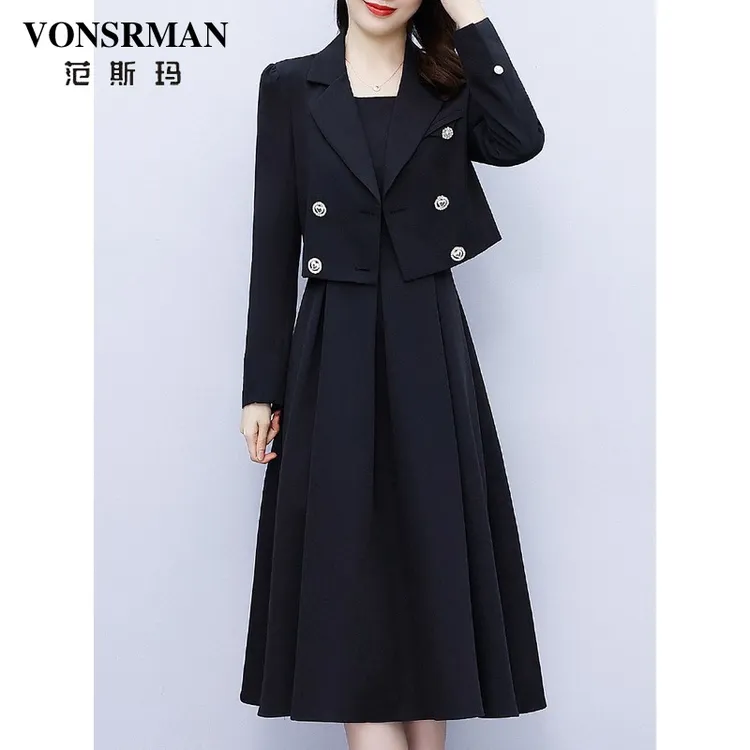 VONSRMAN休闲西装背心裙套装2025新款秋季时尚减龄气质修身中长裙