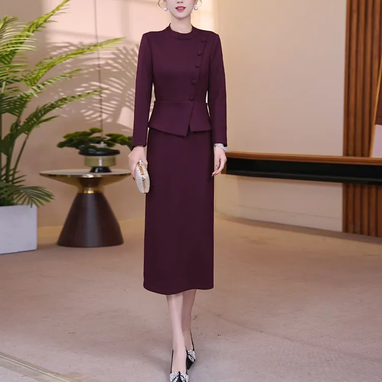 冬季羊毛裙玛莎紫立领显瘦假两件连衣裙长裙优雅气质收腰25160