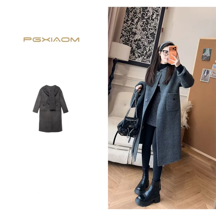 【PGXIAOM】润秀定制格雷灰色圆领羊毛大衣+针织围巾帽DY10538