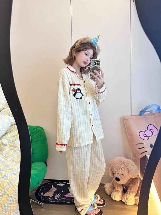 少女甜美可爱卡通刺绣企鹅睡衣女春秋新款ins风长袖长裤家居服