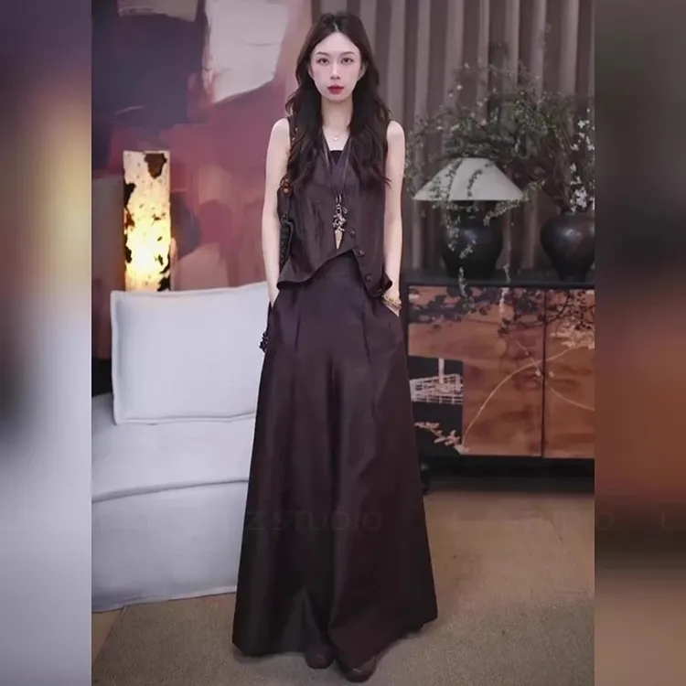 法式复古深棕色时尚女装夏季无袖上衣套装小众马甲宽松阔腿裤长裤
