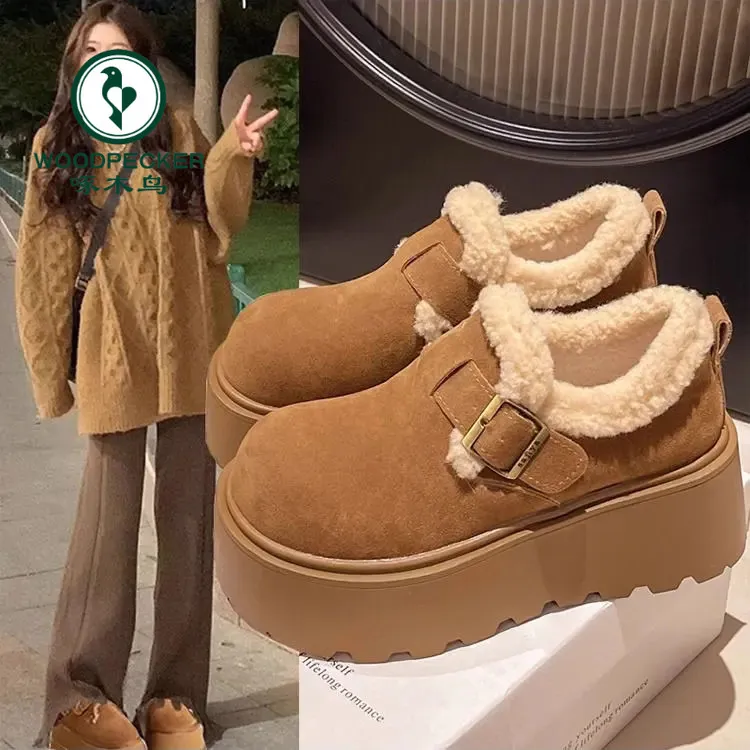 啄木鸟增高7CM~厚底棉鞋女款2025新款冬季加绒加厚保暖勃肯毛毛鞋