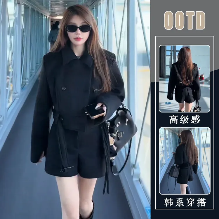 气质穿搭2026秋冬新款粗花呢翻领高街收腰宽松短外套高腰短裤套装