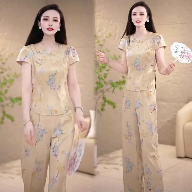 新中式国风套装女2025夏季新款时髦洋气盘扣短袖上衣阔腿裤两件套