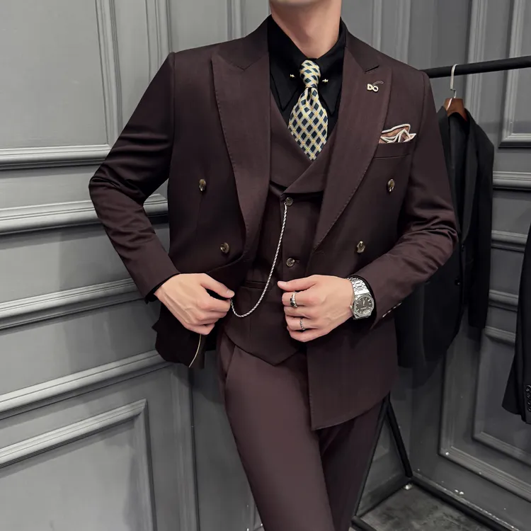 高品质酒红条纹戗驳领双排扣西服套装藏青色韩版休闲英伦西装结婚