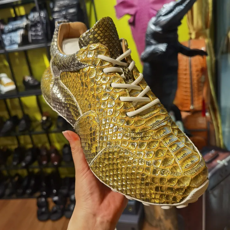 进口黄金蟒蛇皮男鞋 欧美风男士休闲时尚百搭舒适系带潮鞋休闲鞋