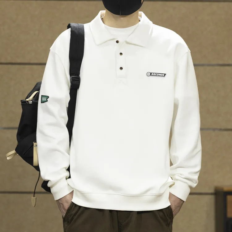 美式polo衫男士卫衣长袖春秋季新款白色翻领上衣服潮牌宽松外套男