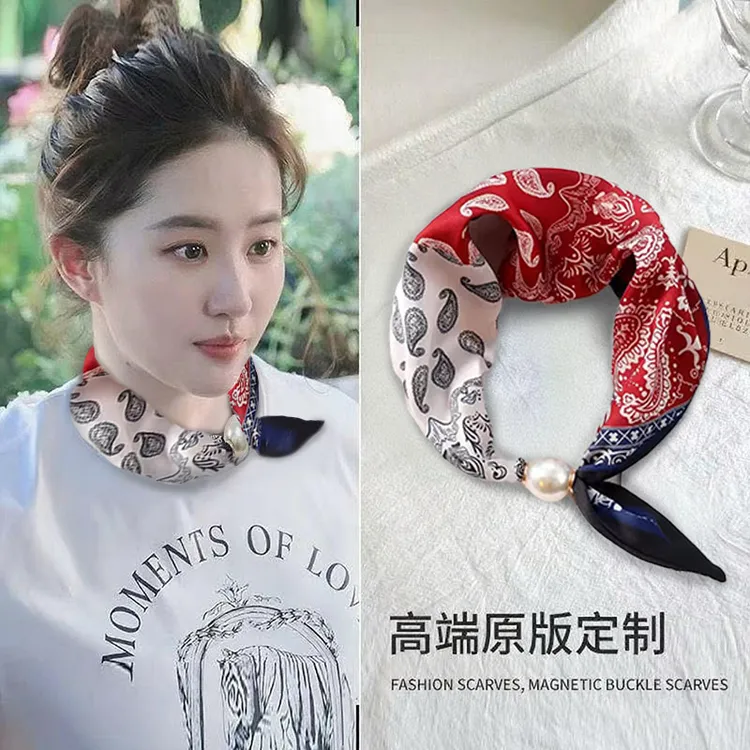 珍珠磁扣长条项链小丝巾高档装饰领巾春秋季百搭围巾遮颈纹