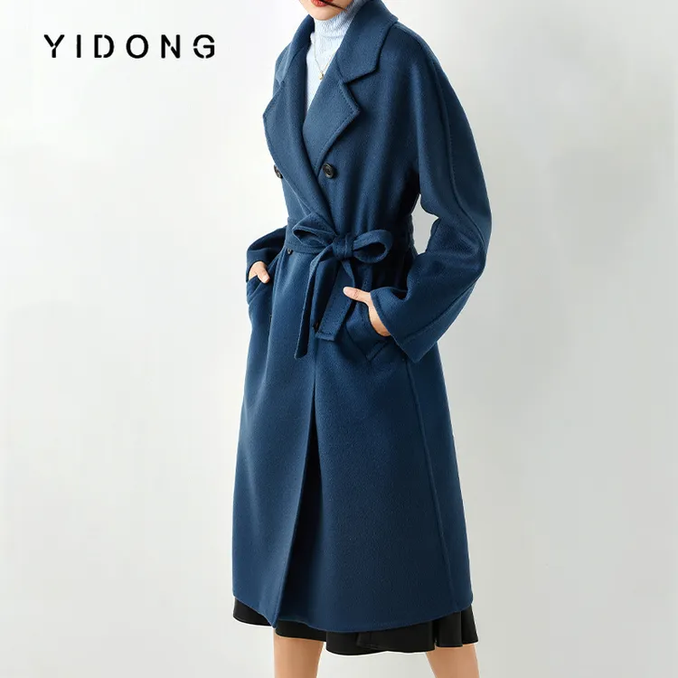 双面尼贴边13支机织女加厚大衣山羊绒连肩袖腰带手工缝边羊毛外套