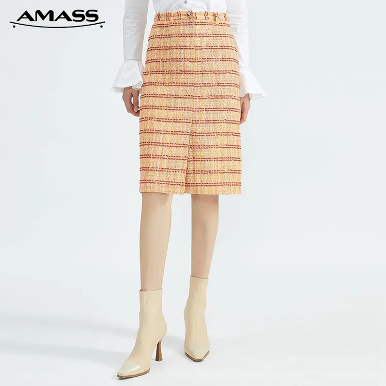 【二折商品，不退不换】阿玛施AMASS南瓜橘开叉小香风半身裙5200296