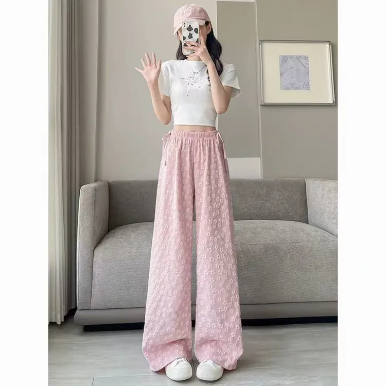 牛仔裤碎花女夏季薄款阔腿裤潮流显瘦腰百搭款遮肉遛弯裤子运动裤