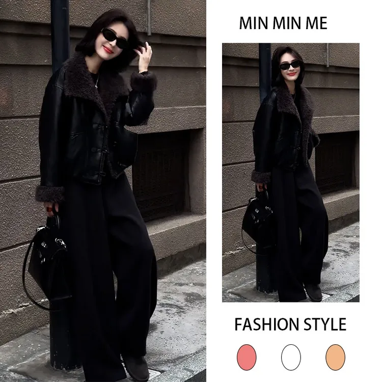 2025秋冬季新款设计感韩版洋气长袖外套女搭配休闲阔腿裤两件套装