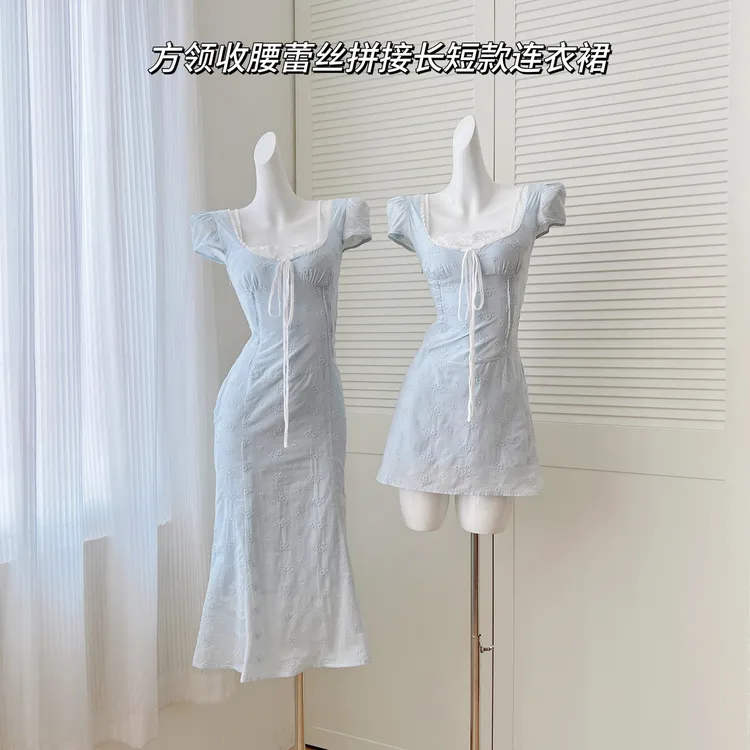 性感方领蕾丝拼接连衣裙女夏季2025新款收腰设计感包臀韩系中长裙