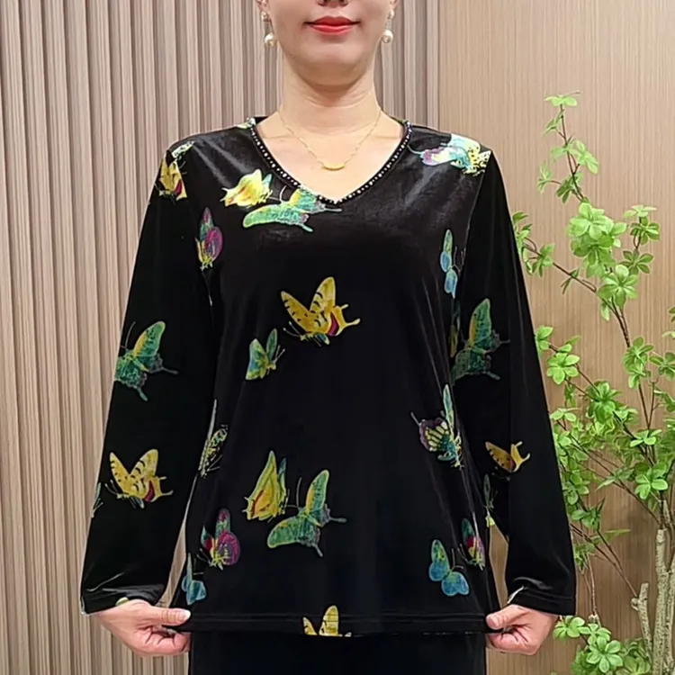 时尚打底衫女秋冬2025新款中老年妈妈装秋装洋气丝绒百搭V领小衫