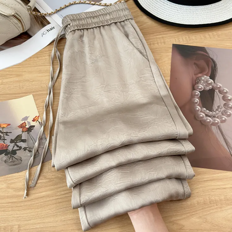 国风醋酸缎面阔腿裤女2025夏季新款薄款凉凉裤显瘦印花冰丝直筒裤