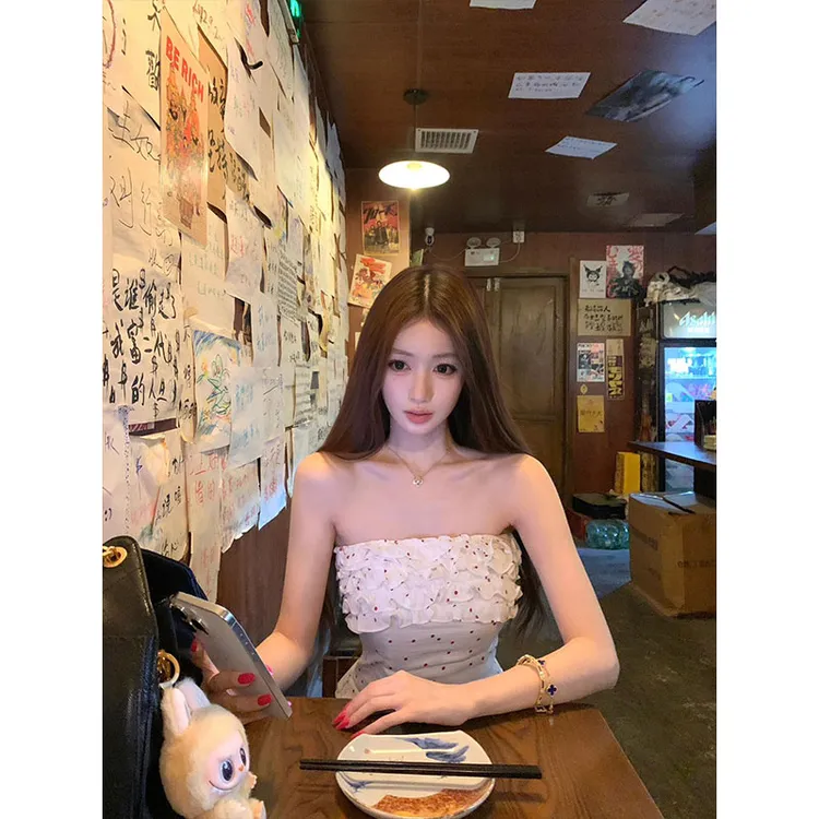 木耳边波点美背抹胸背心女夏季新款无袖甜辣上衣休闲阔腿裤子套装