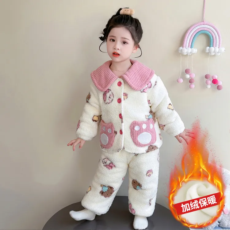 儿童睡衣夹棉加绒冬款女童三层加厚保暖女孩宝宝秋冬季家居服套装