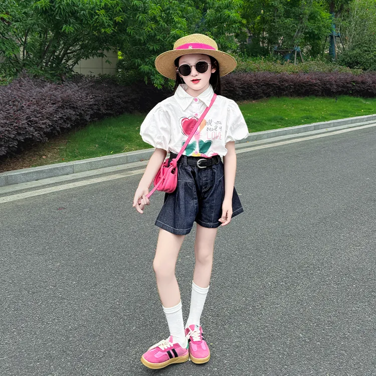 女童夏季2025新款小女孩法式公主衬衫休闲短裤中大童甜美穿搭套装