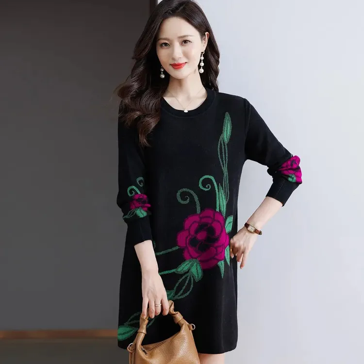 中年妈妈爆款针织打底衫女秋冬圆领洋气大码外穿宽松中长款毛衣裙