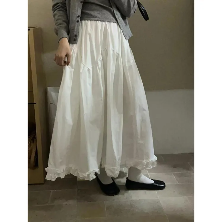 韩系温柔气质甜美花边白色半身裙女2025新款松紧腰显瘦中长款伞裙