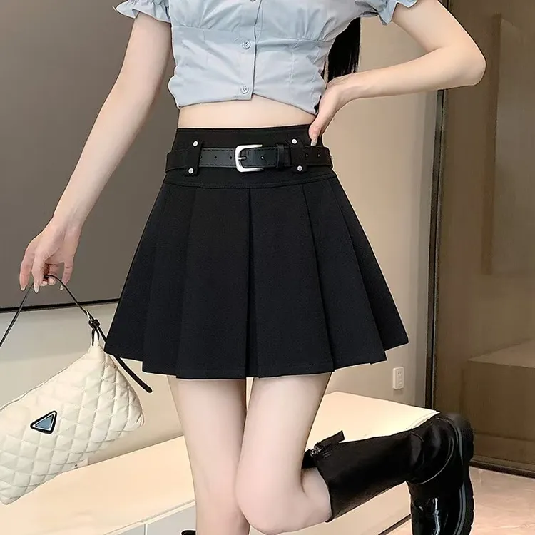 【送腰带】西装百褶裙女春夏新款时尚百搭高腰半身裙黑色A字防走光