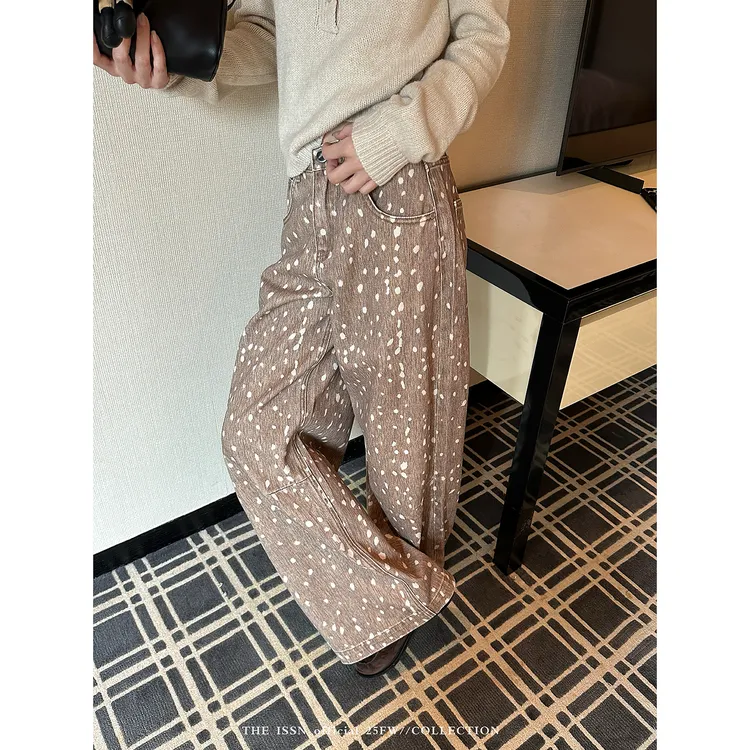 THEISSN宁司 100棉斑点直筒牛仔裤女秋季宽松长裤 01641