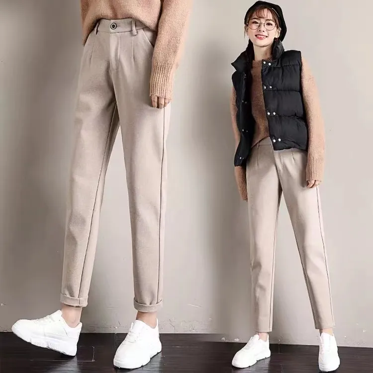 毛呢裤秋冬季职业直筒厚款小个子奶奶裤九分裤显瘦宽松新款哈伦裤